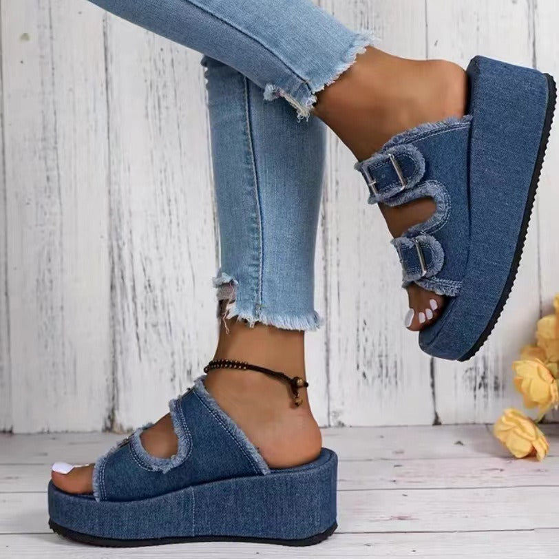 Women's Denim Buckle Wedge Sandals