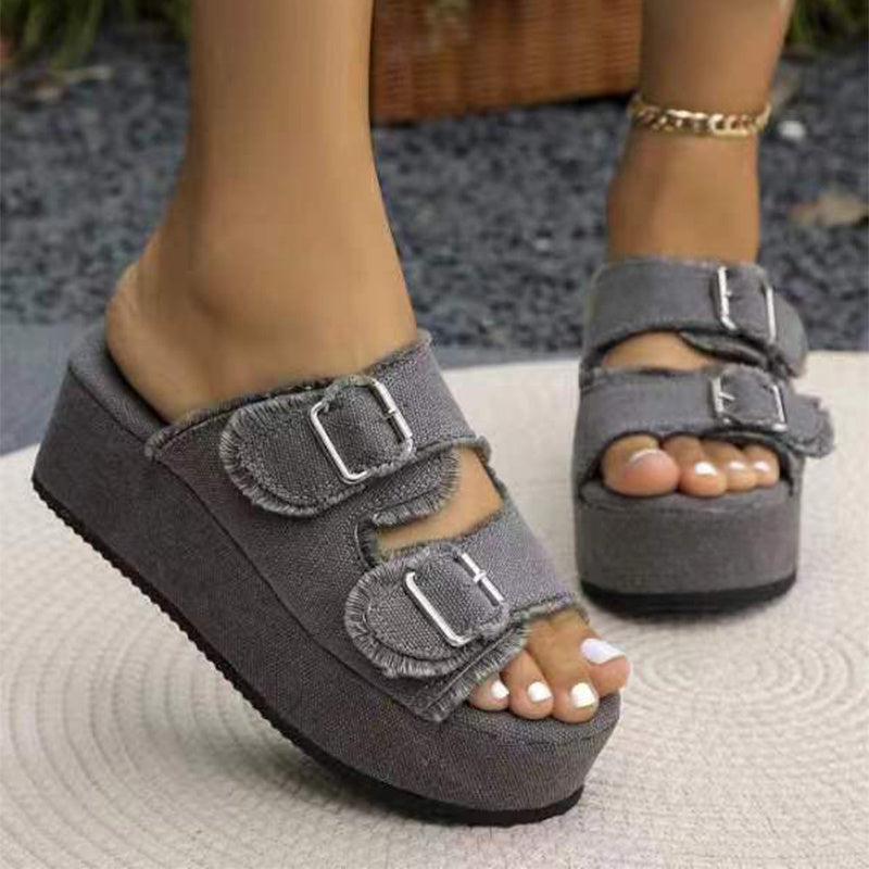 Women's Denim Buckle Wedge Sandals