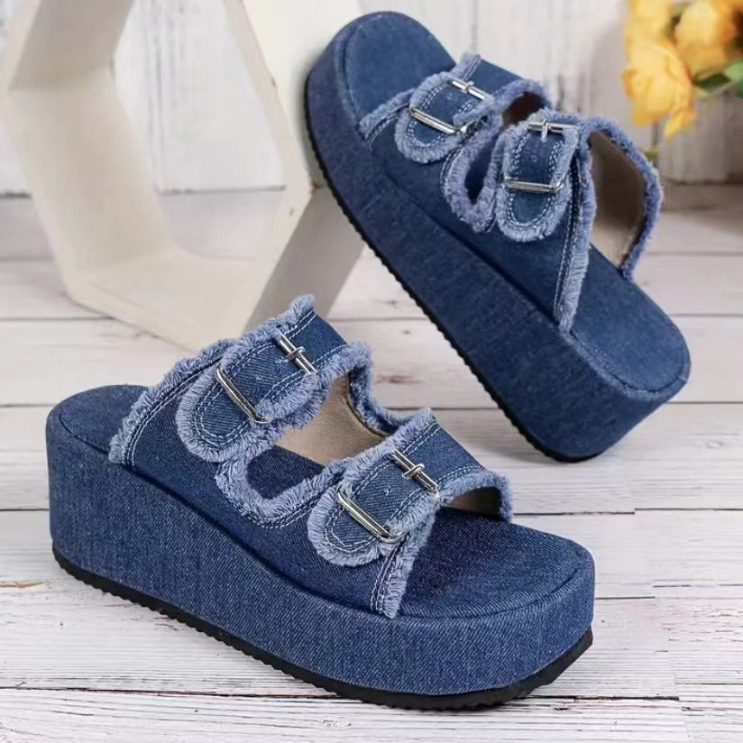 Women's Denim Buckle Wedge Sandals