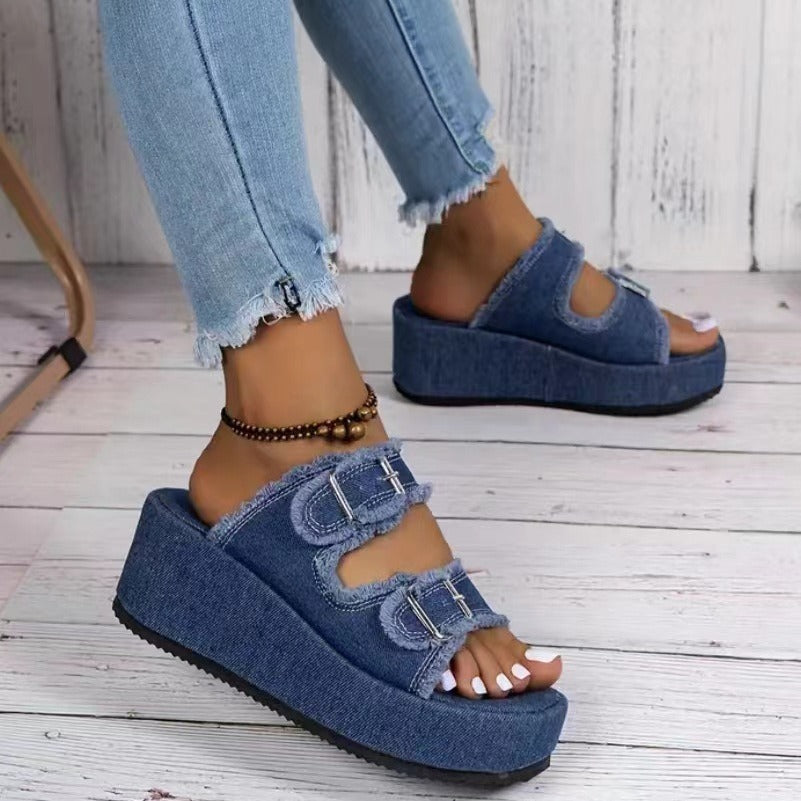 Women's Denim Buckle Wedge Sandals