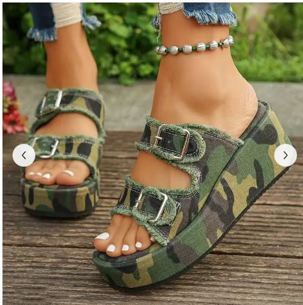 Women's Denim Buckle Wedge Sandals