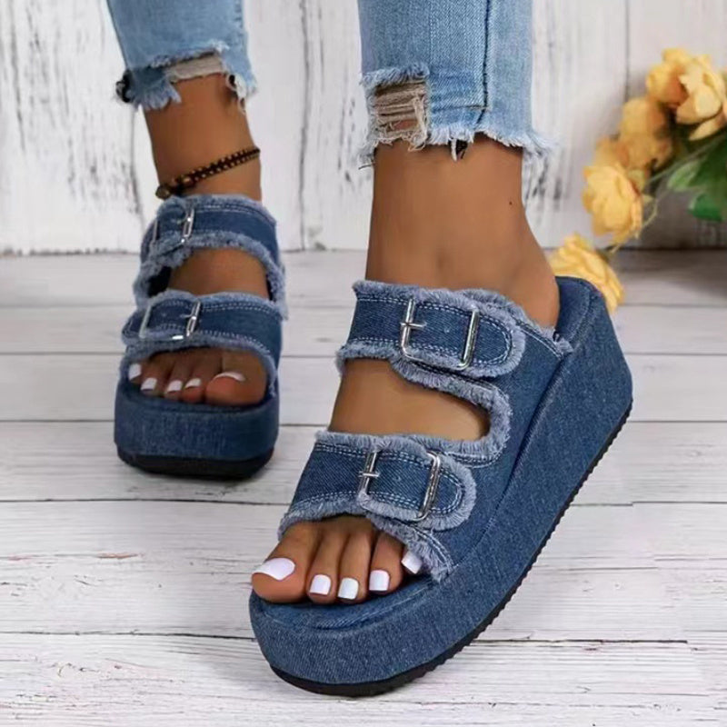 Women's Denim Buckle Wedge Sandals