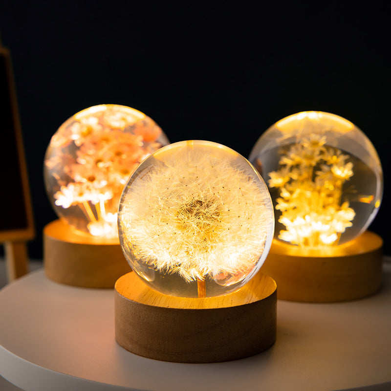 Luminous 3D Dandelion Crystal Ball Beech Wood Stand Base Preserved Flower Sphere Ball Desktop Ornaments Bithday Christmas Gifts