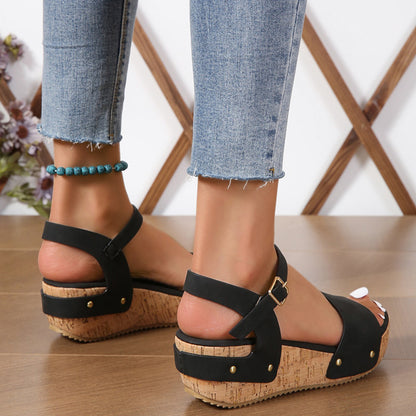 Roman Wedge Sandals For Women Rivet Buckle Strap Thick Platform Shoes Summer